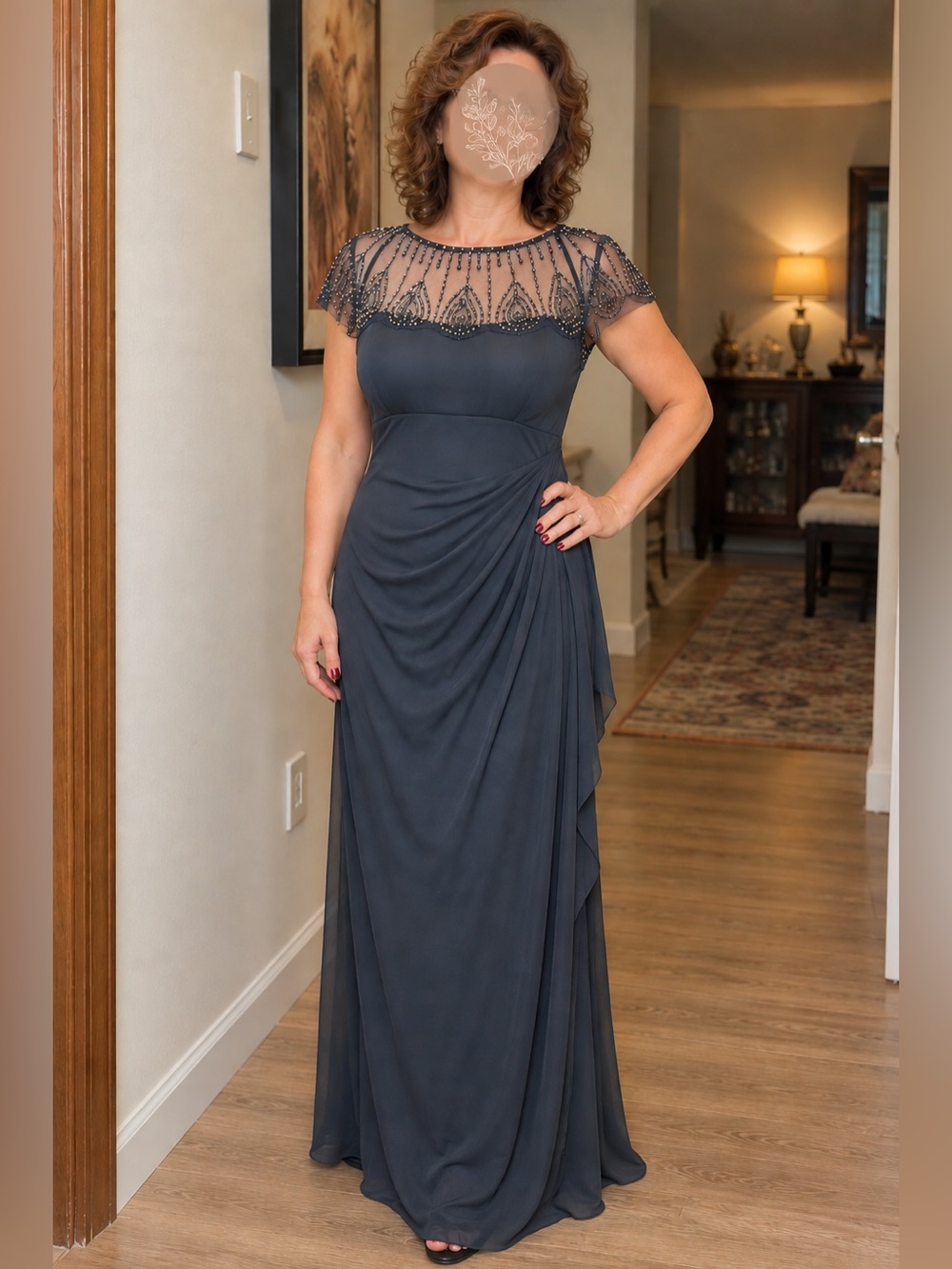DJ-JAZ Deep Navy Mother of the Bride Beaded Chiffon Formal Gown Size 8